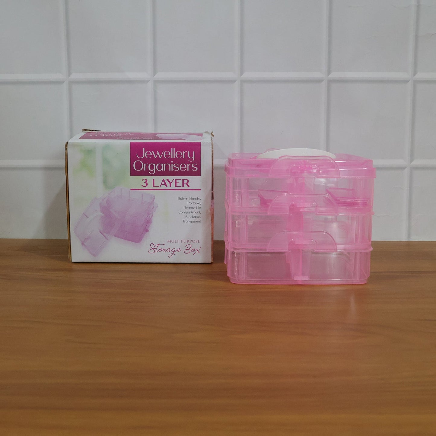 3-Tier Transparent Craft Storage Box with 18 Adjustable Compartments