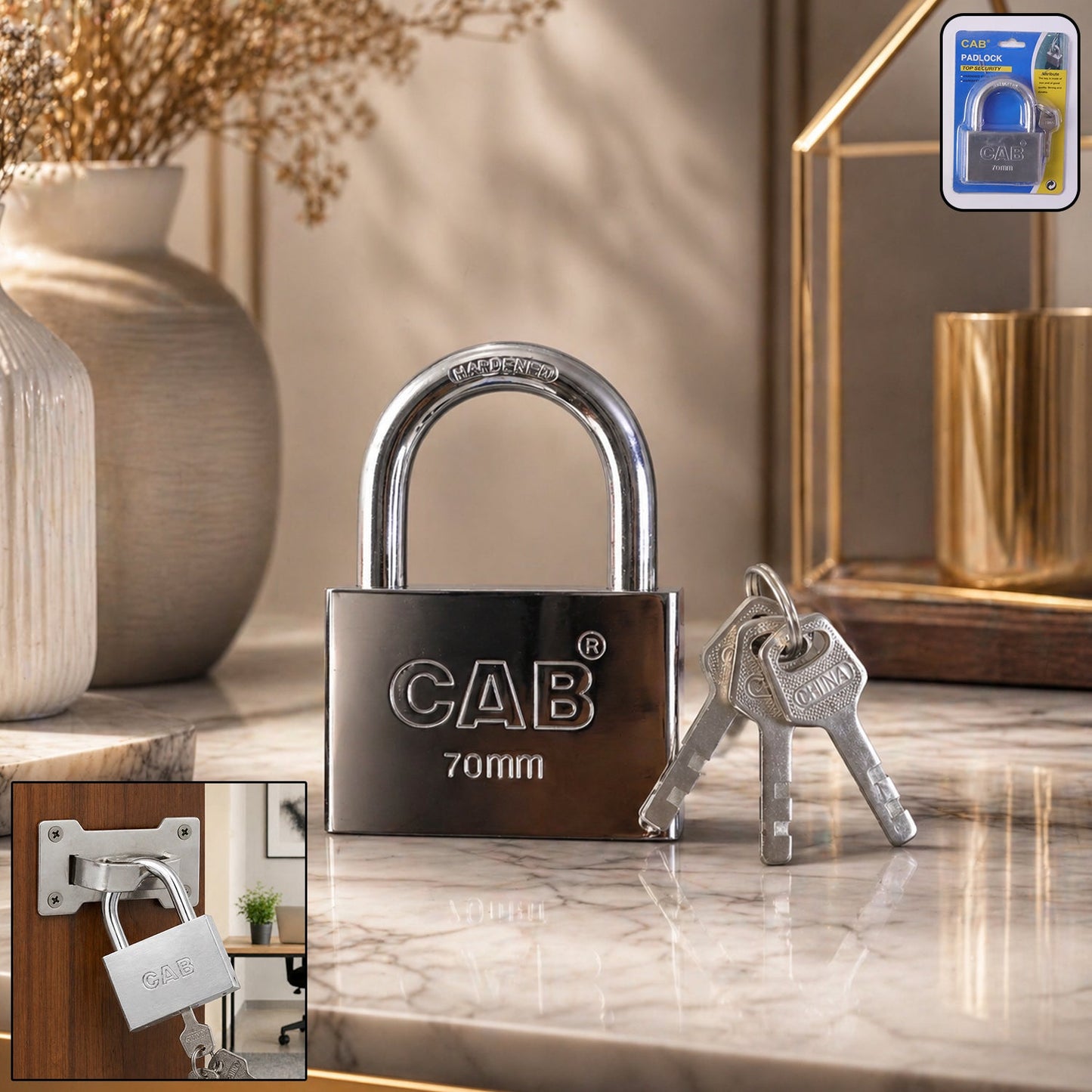 Heavy Steel Premium Square Padlock 70mm with 3 Keys  Hardened Shackle for Doors