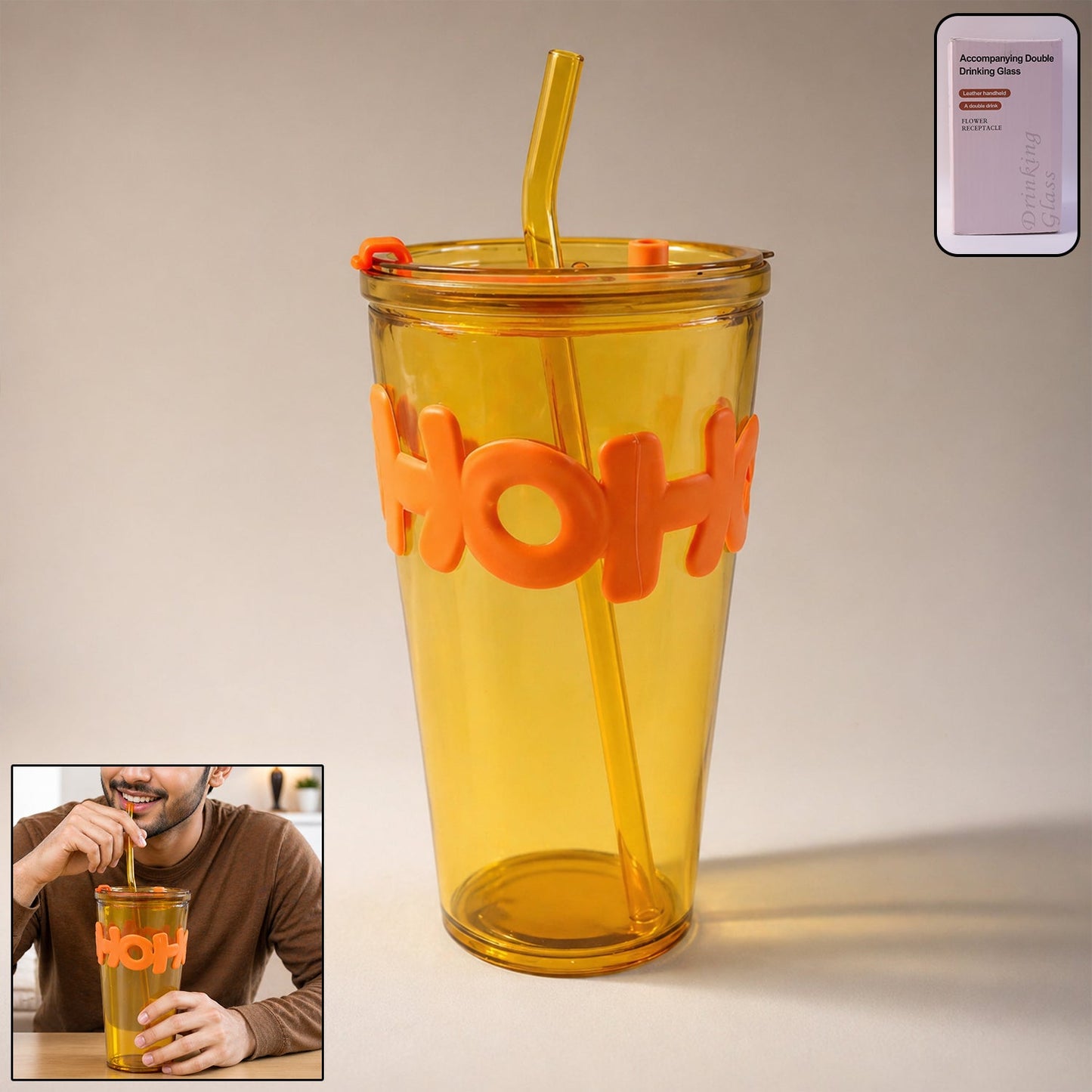 transparent glass tumbler with straw