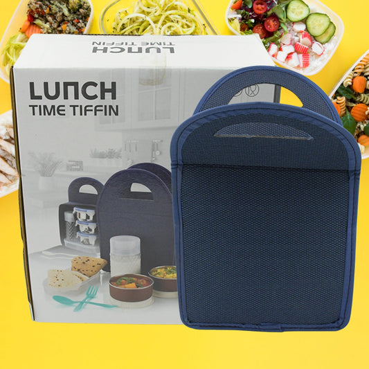 6In1 Tiffin Box-Lunch Box | 3 Stainless Steel Containers | Plastic lid Box | Spoon & Fork /Plastic Bottle | Insulated Fabric Bag | Leak Proof | Microwave Safe  for Office, College and School  (6 pcs)