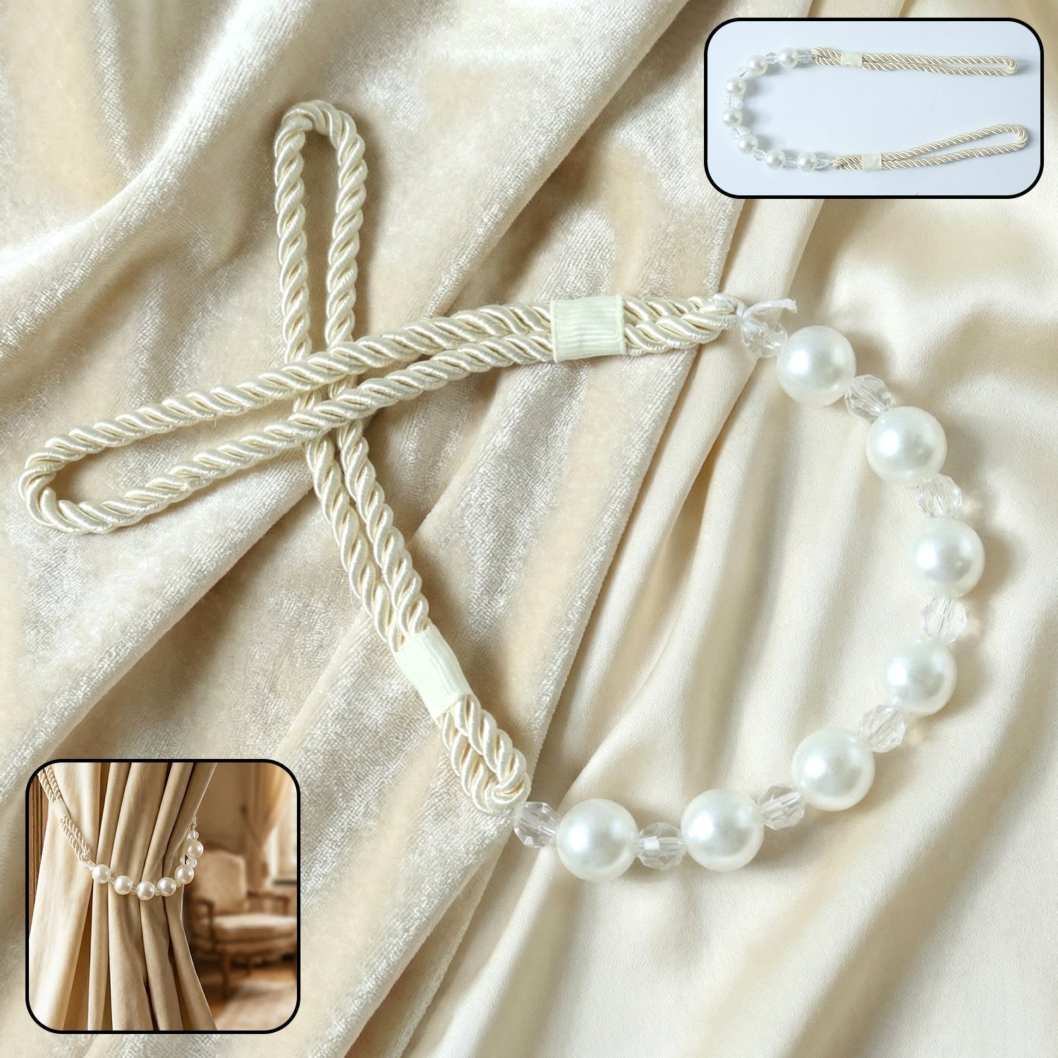Elegant pearl beaded curtain tieback