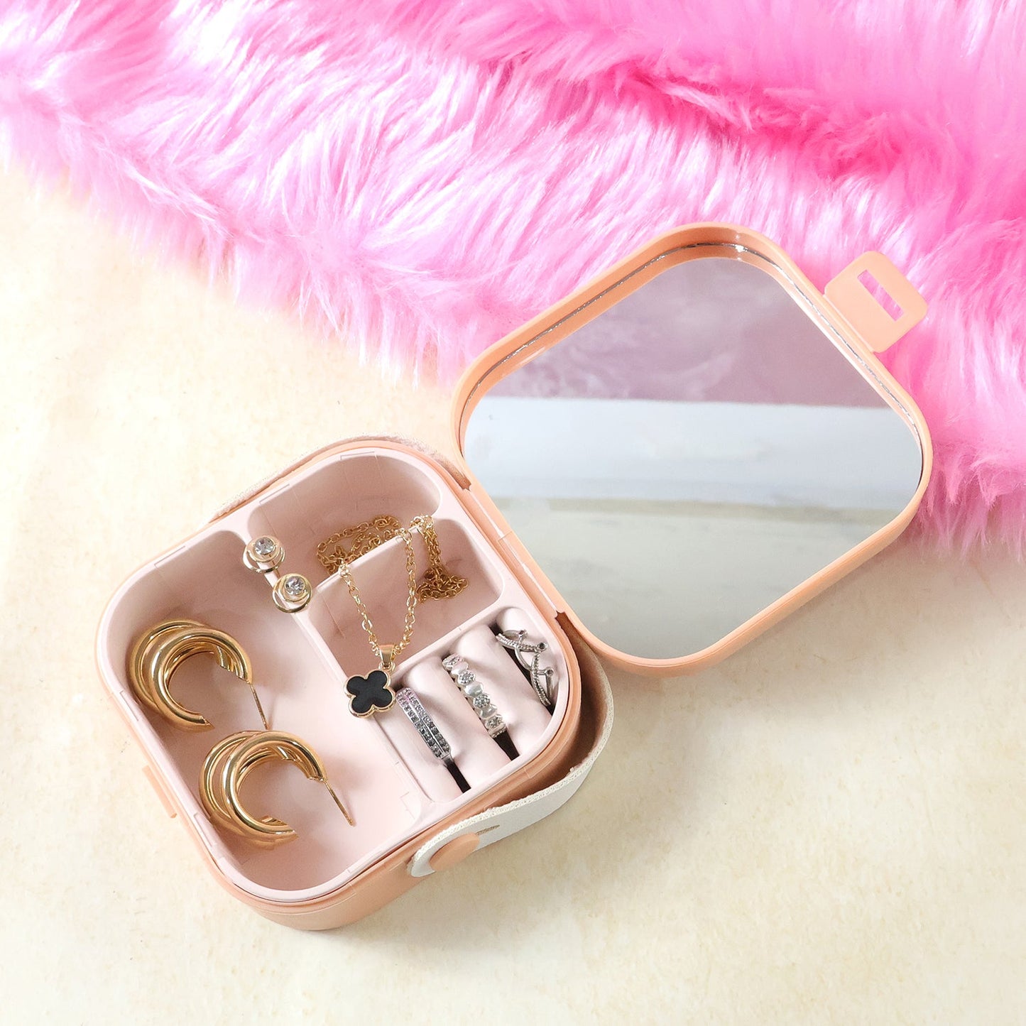 Portable mini jewellery storage box with built-in mirror India
