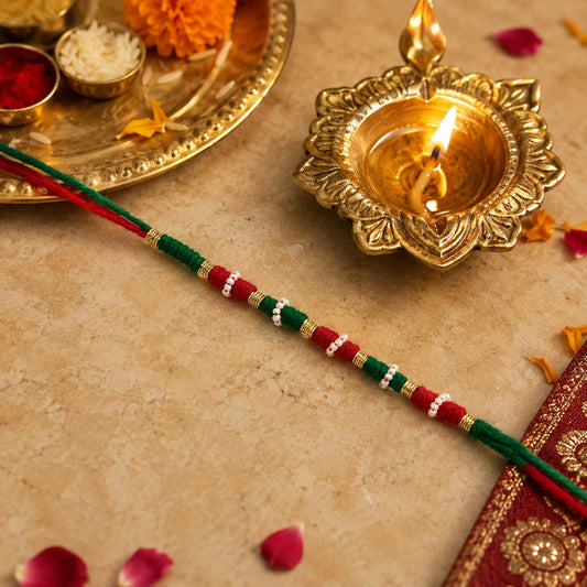 Red & Green Thread Rakhi with White Beads