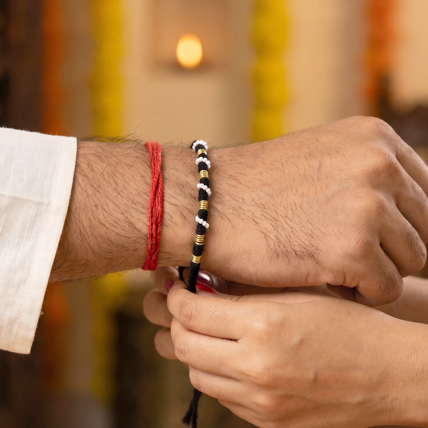 Black Thread Rakhi with Pearl Beads