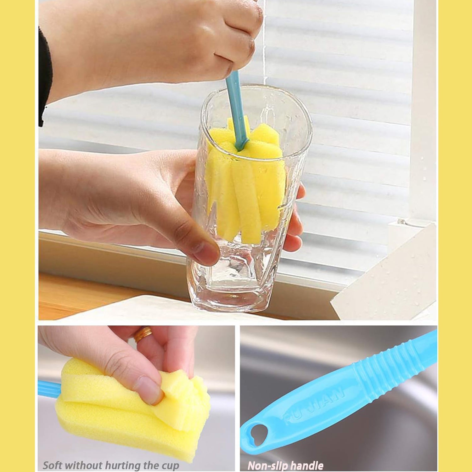 Soft sponge head brush 20cm for scrubbing cups and kitchen utensils without scratching