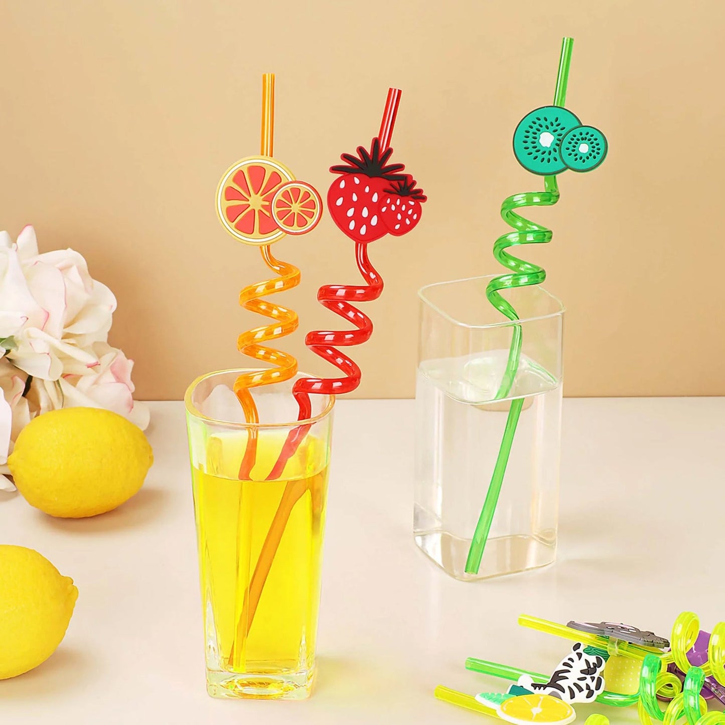 Reusable Plastic Straws (12 pcs Set / Mix Design)