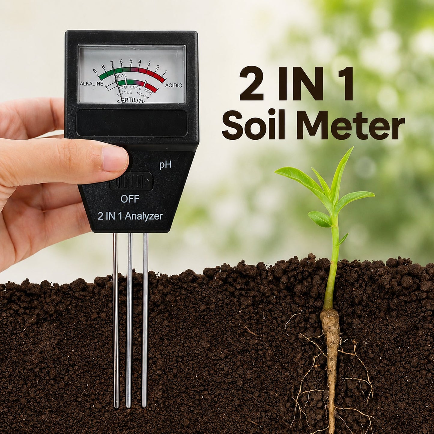 Hand holding soil pH fertility meter with seedling in soil