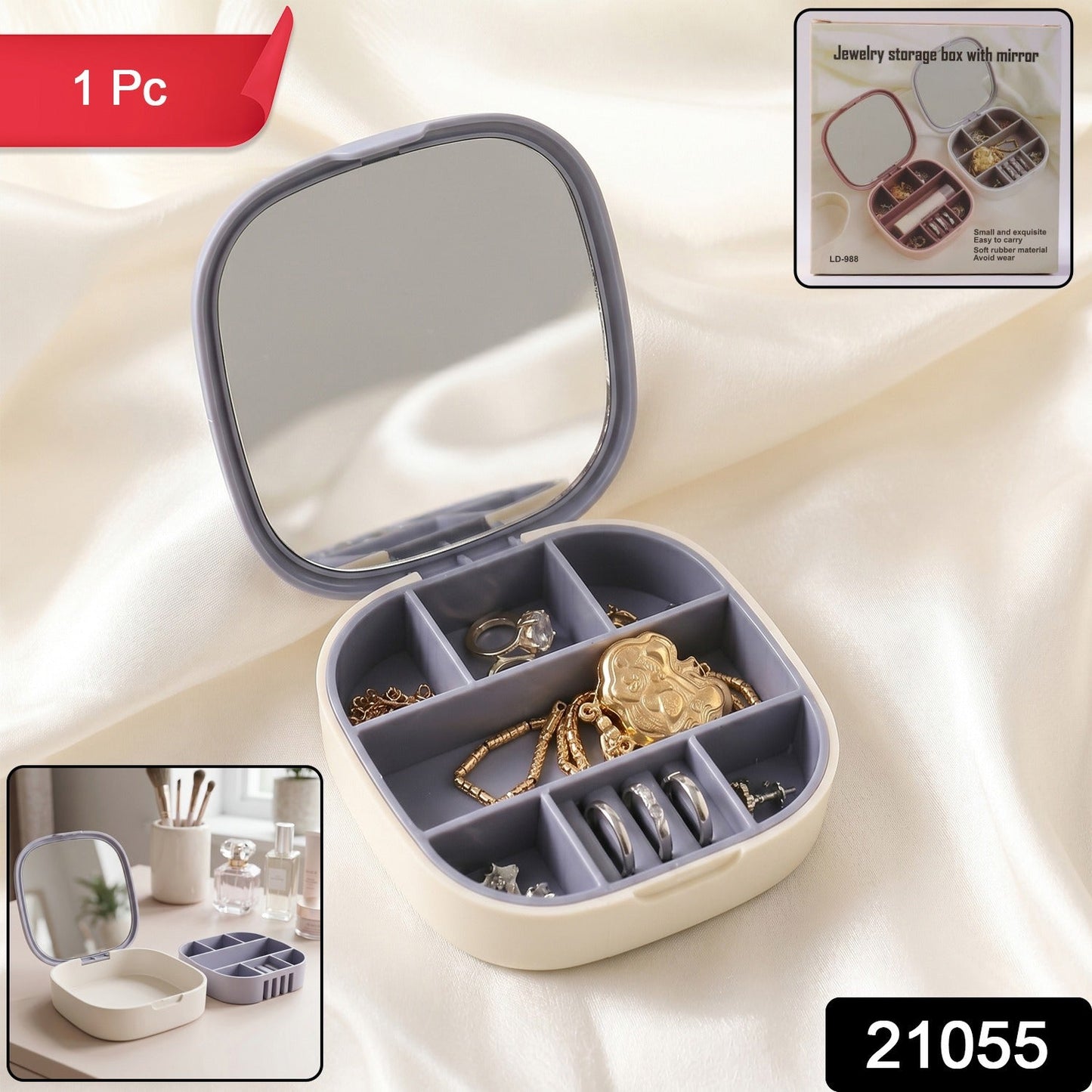 Plastic Jewelry Storage Box with Built-in Mirror (1 Pc)