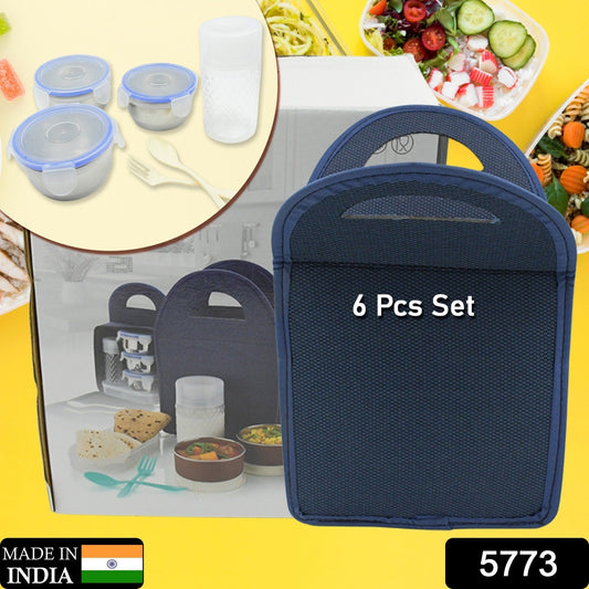 6In1 Tiffin Box-Lunch Box | 3 Stainless Steel Containers | Plastic lid Box | Spoon & Fork /Plastic Bottle | Insulated Fabric Bag | Leak Proof | Microwave Safe  for Office, College and School  (6 pcs)