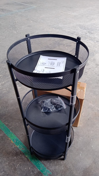3-Layer Round Metal Mesh Utility Storage Trolley with Wheels