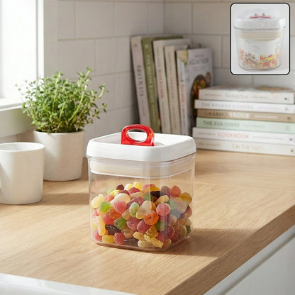 Airtight container with red lid for dry food
