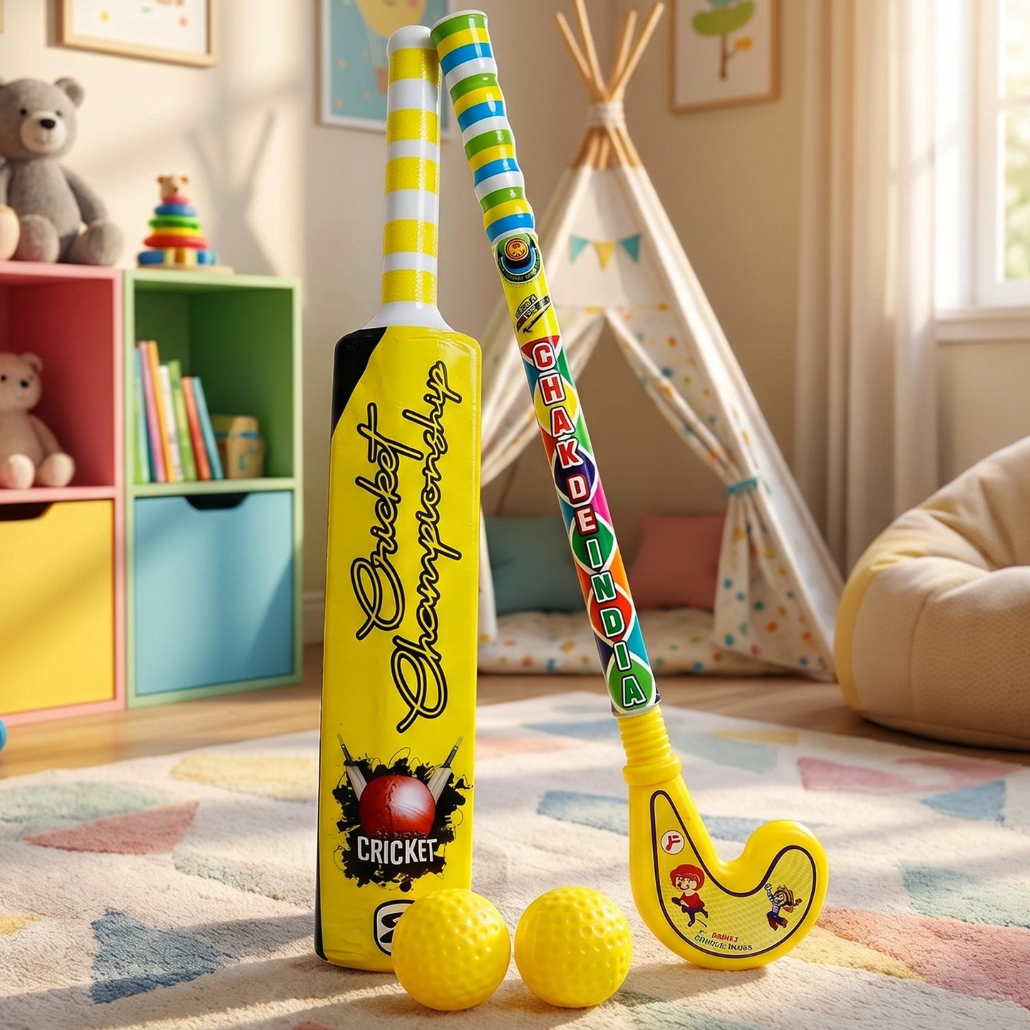 Combo of Light Weight Plastic Bat, Ball & Hockey for Kids
