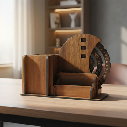 Multi-function wooden pen holder with calendar