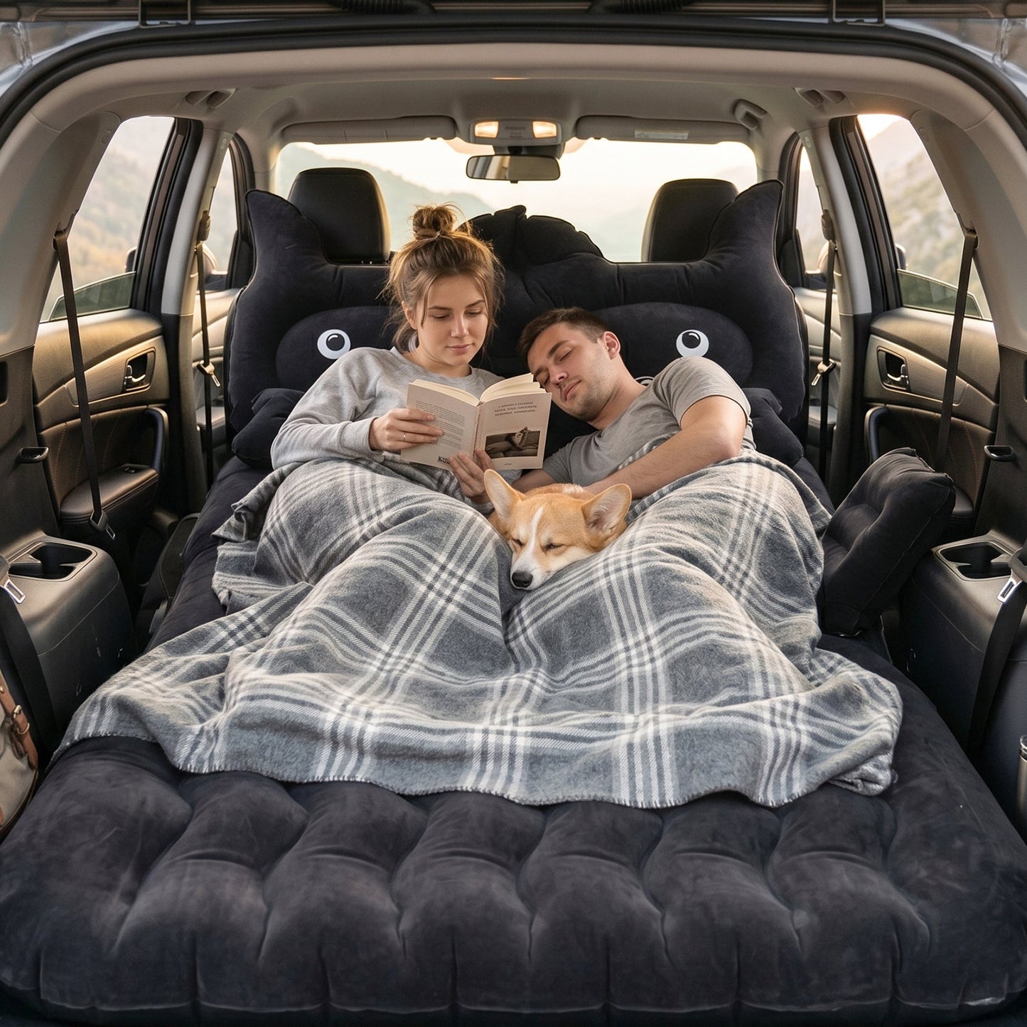 Cute Car Air Mattress Set with Black Cat Pillow for Comfortable Sleeping on the Go (1 Set)