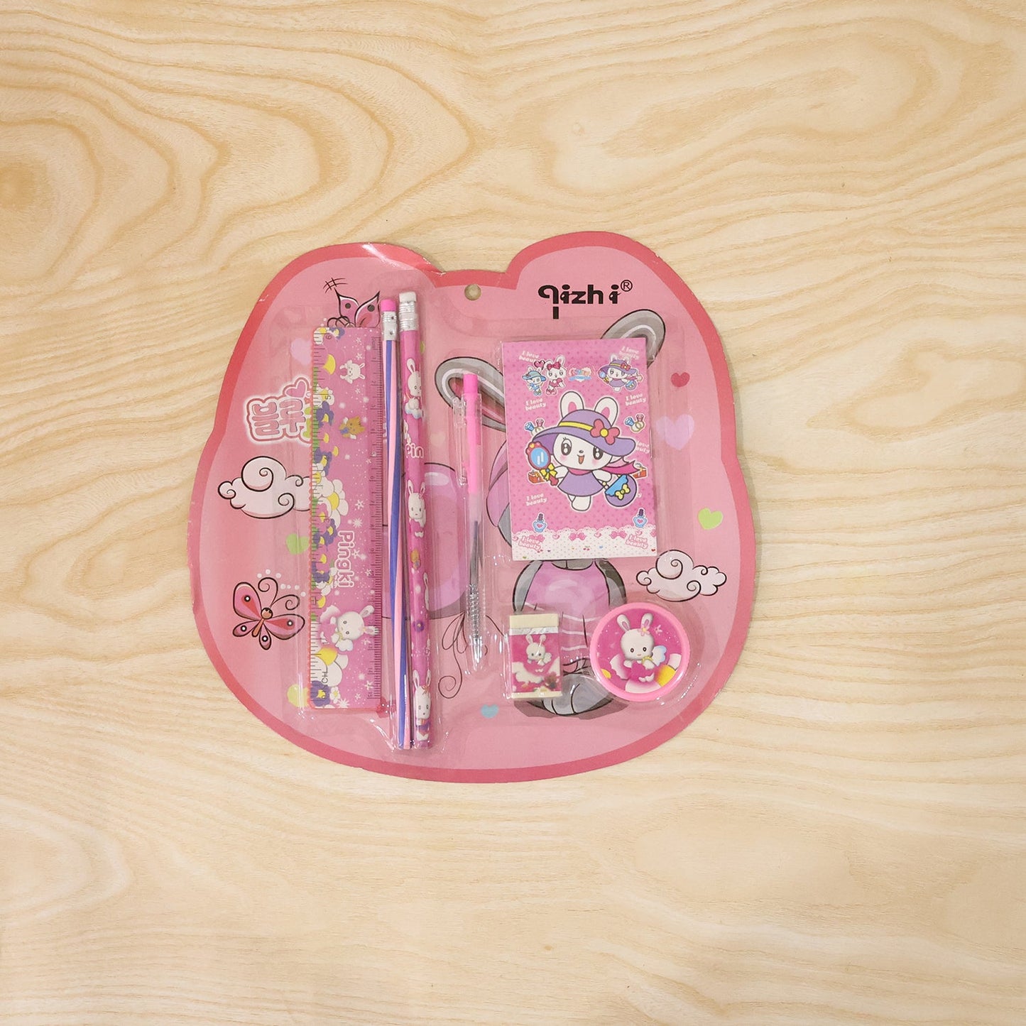 7-In-1 Cute Pink Stationery Set with Ruler, Pencil, Eraser, Pen, Notebook, Sharpener