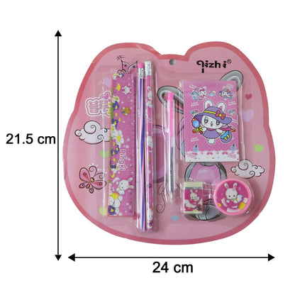 7-In-1 Cute Pink Stationery Set with Ruler, Pencil, Eraser, Pen, Notebook, Sharpener