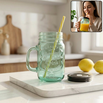 Drinking Cup / Glass / Mug Mason Jar with Handle & Straw