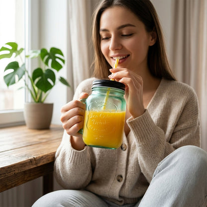 Drinking Cup / Glass / Mug Mason Jar with Handle & Straw