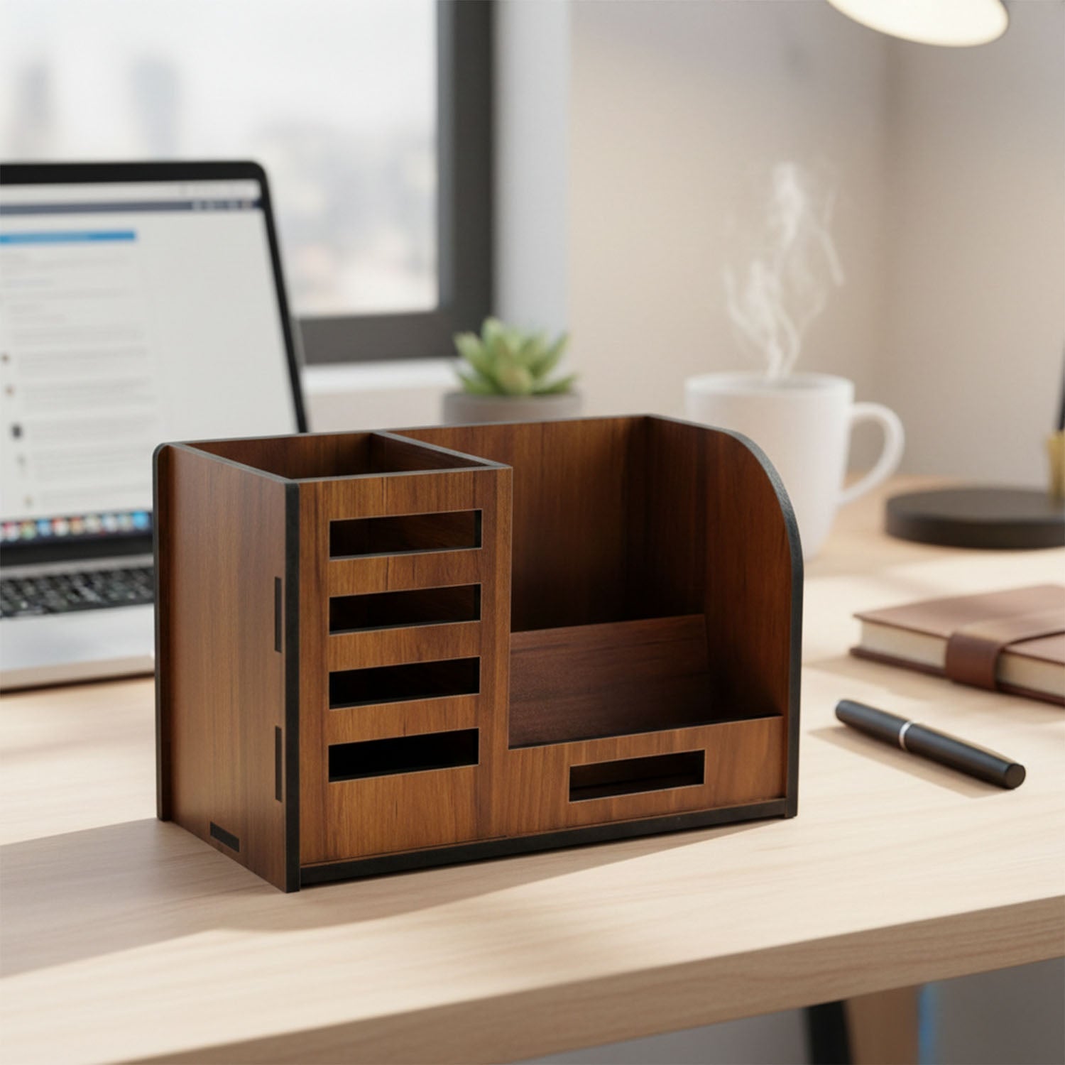 Wooden pen stand with storage sections