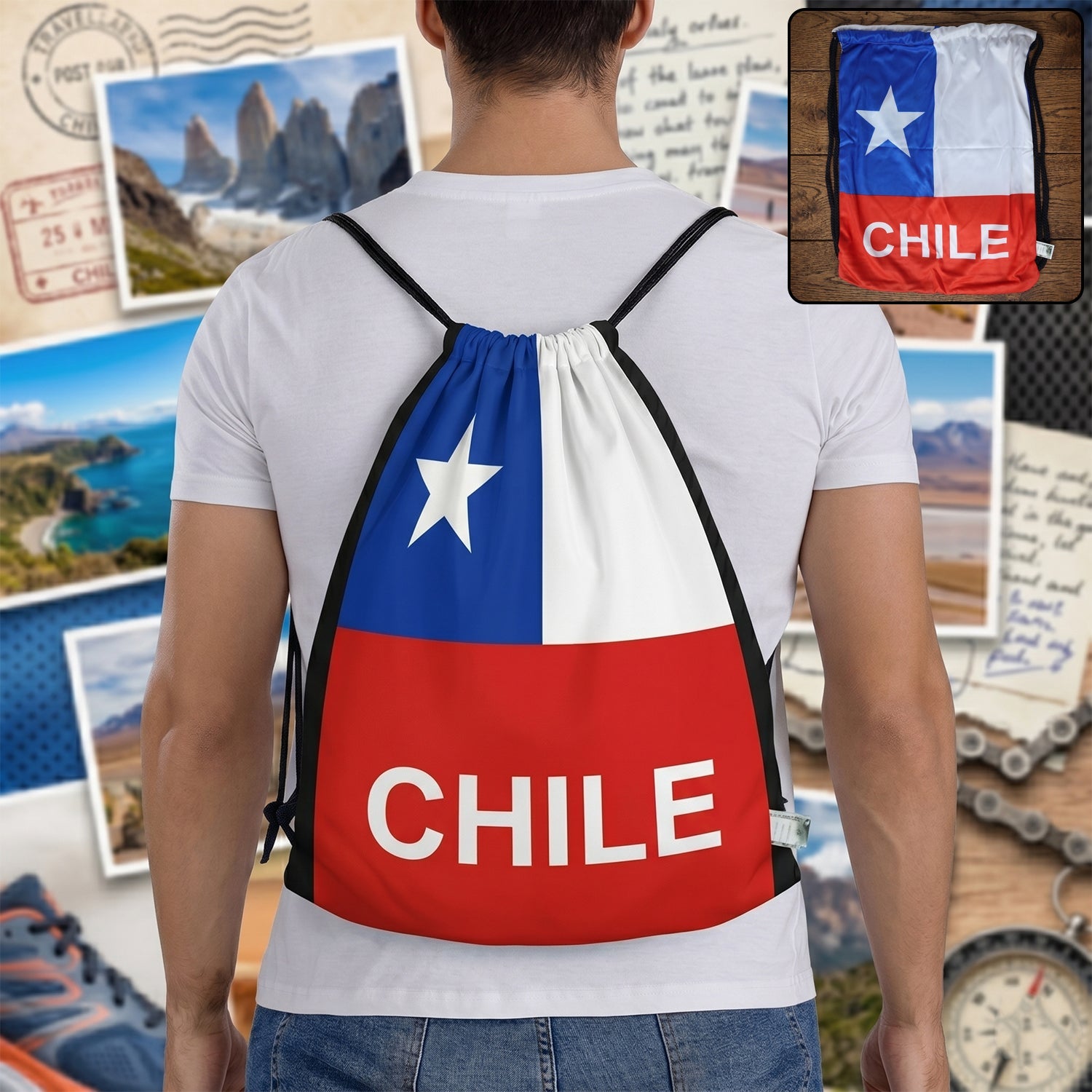 Chile Flag Print Drawstring Bag
