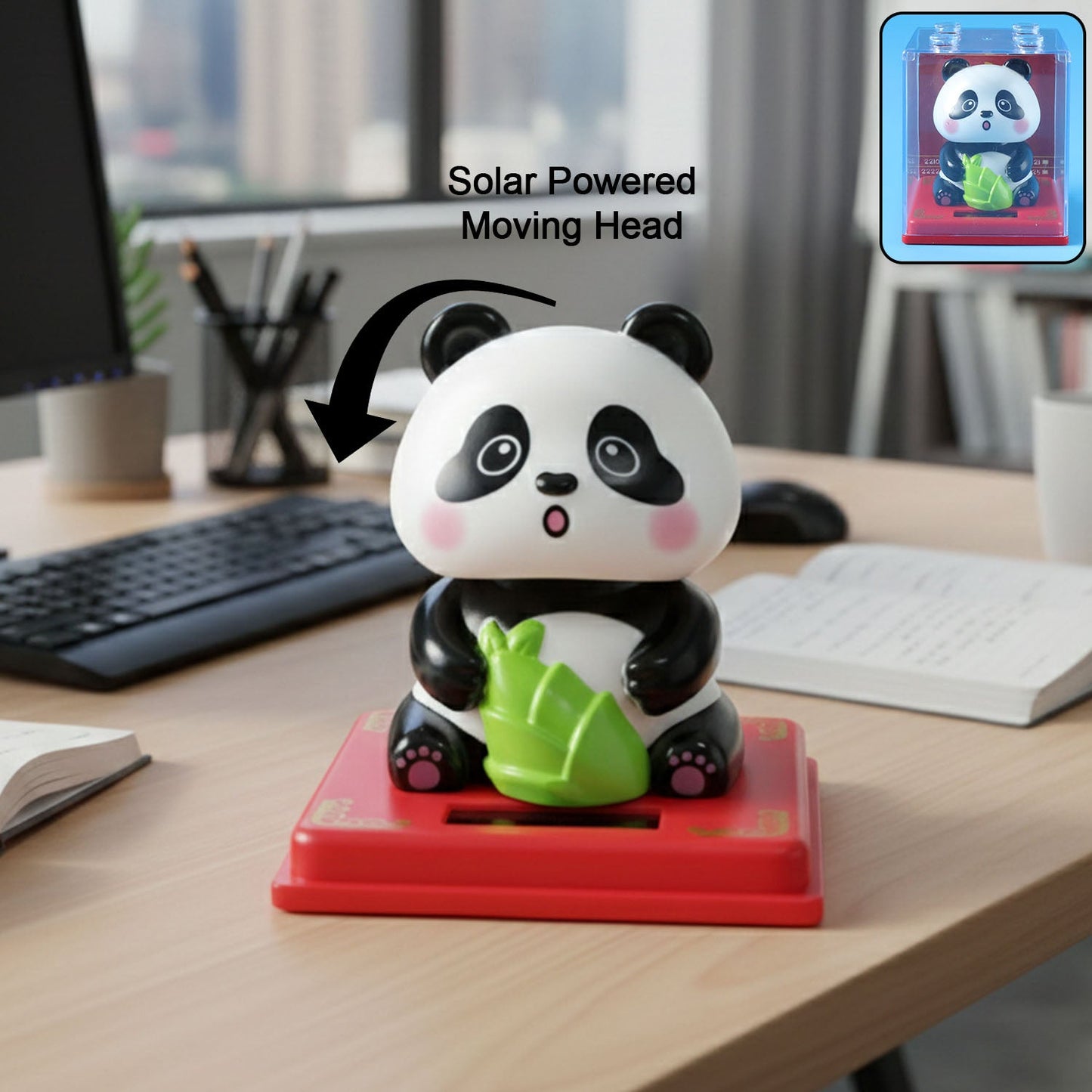 Solar powered moving head panda showpiece