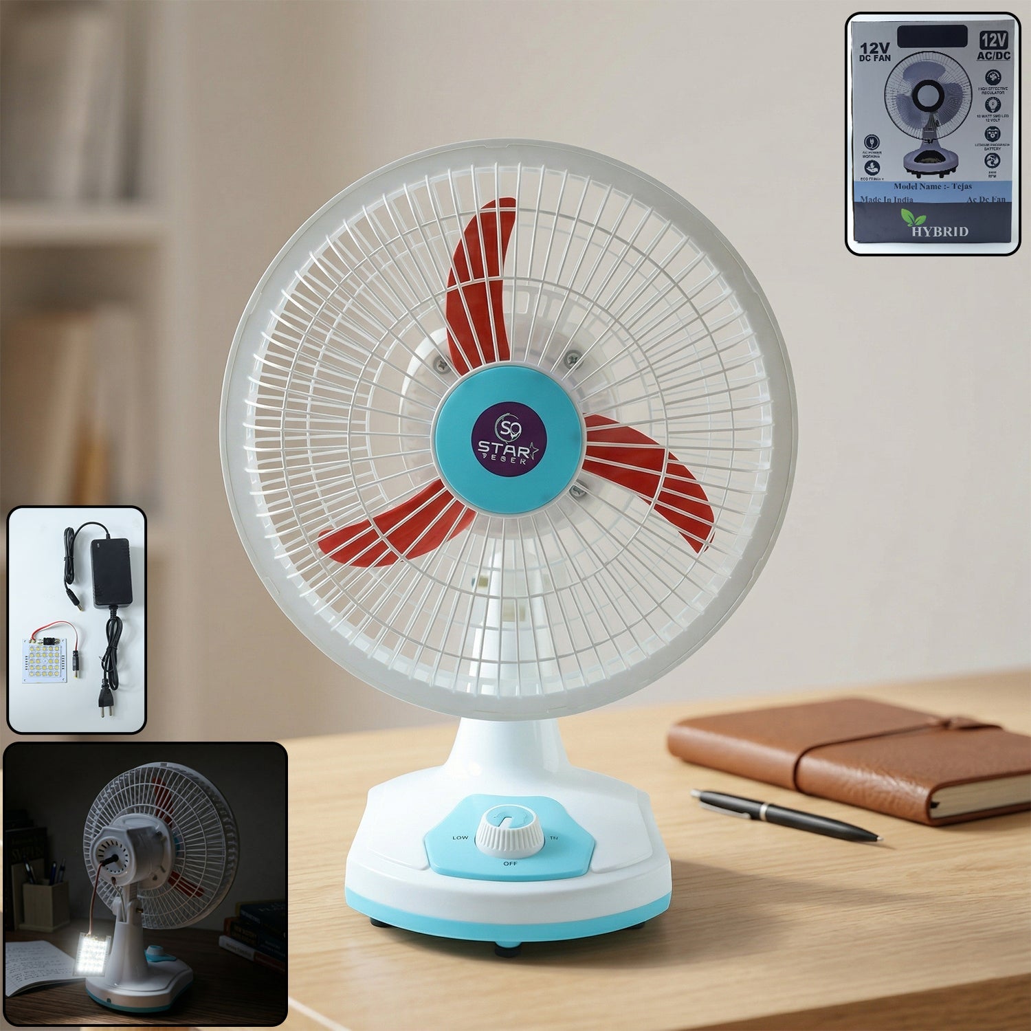 omega 12v rechargeable table fan with led light