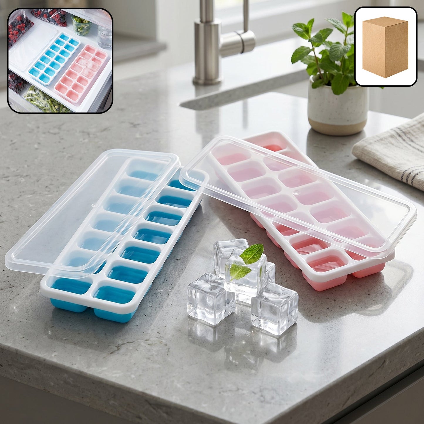 Multipurpose Plastic Ice Cube Tray With Lid (Pack of 2, 14 Grid Each)