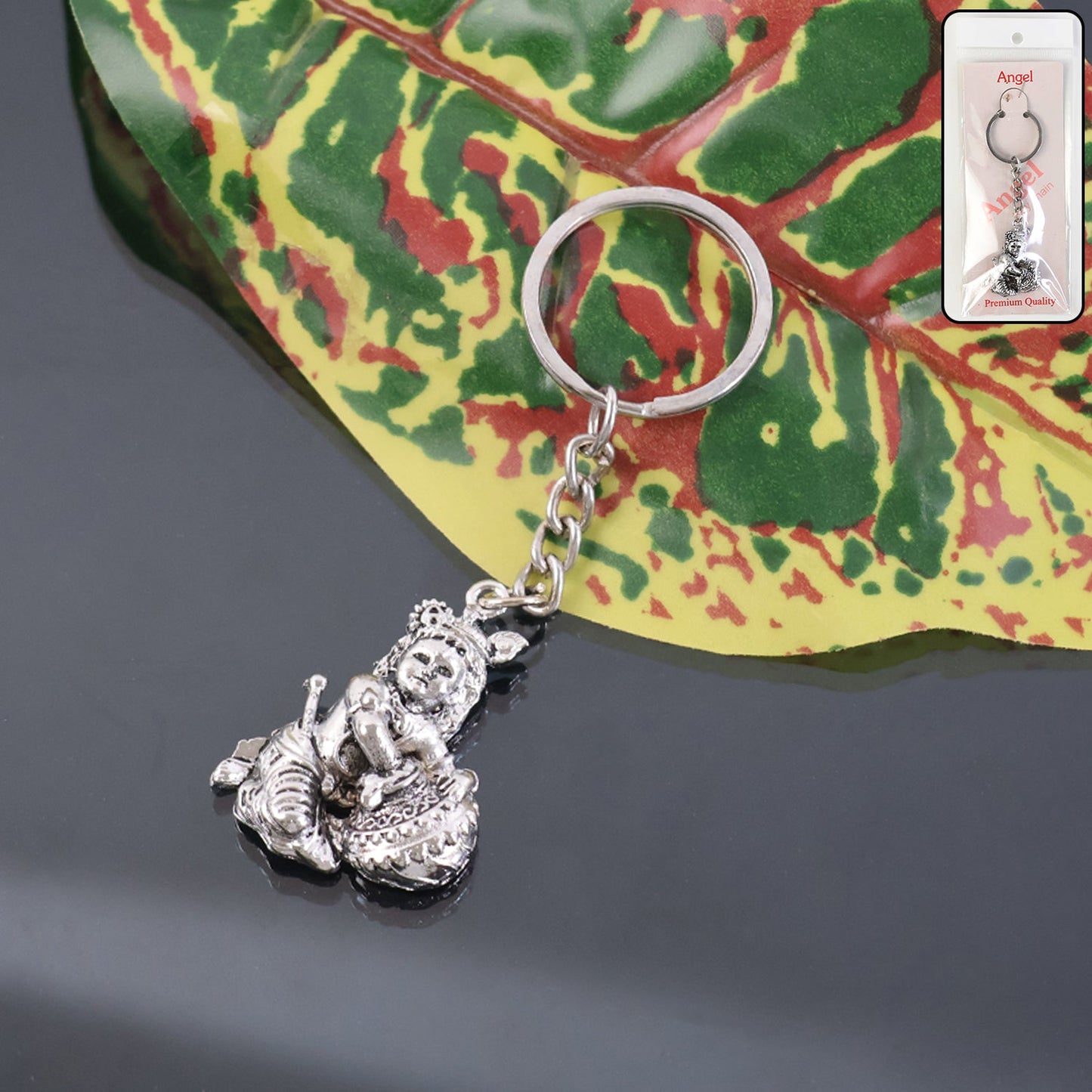 Premium Silver-Finish Metal Bal Krishna Eating Makhan Keychain (1 Pc)