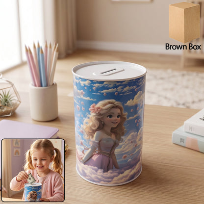 Cartoon Printed Metal Coin Saving Box – 1 Pc Cute Princess Design Money Bank for Kids
