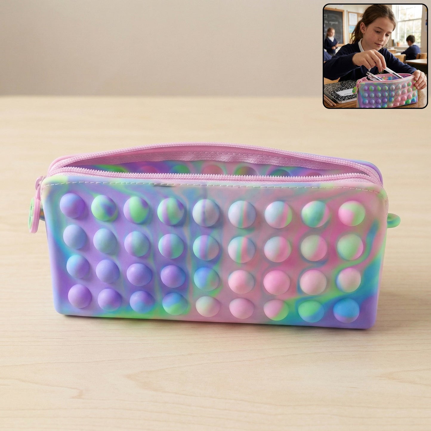 Multicolor Pop It Silicone Pencil Pouch for Kids (1 Pc, 21x10 Cm / Mix Color)