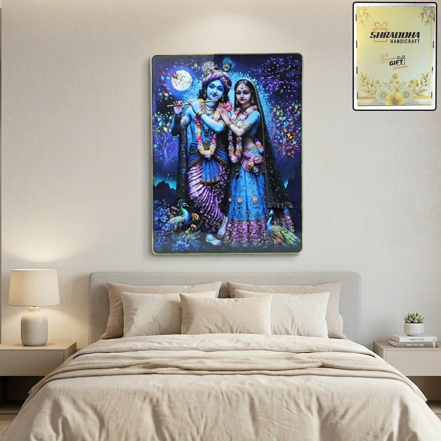 Divine Radha Krishna Moonlight Artistic Wall Frame (1 Pc, 60x45 Cm)