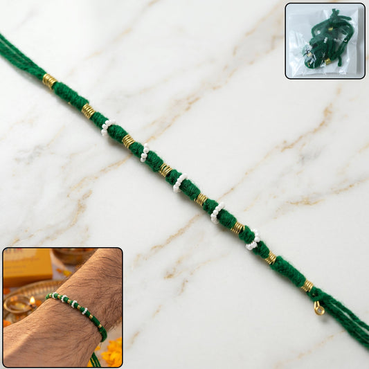Green Thread Rakhi with White Beads 