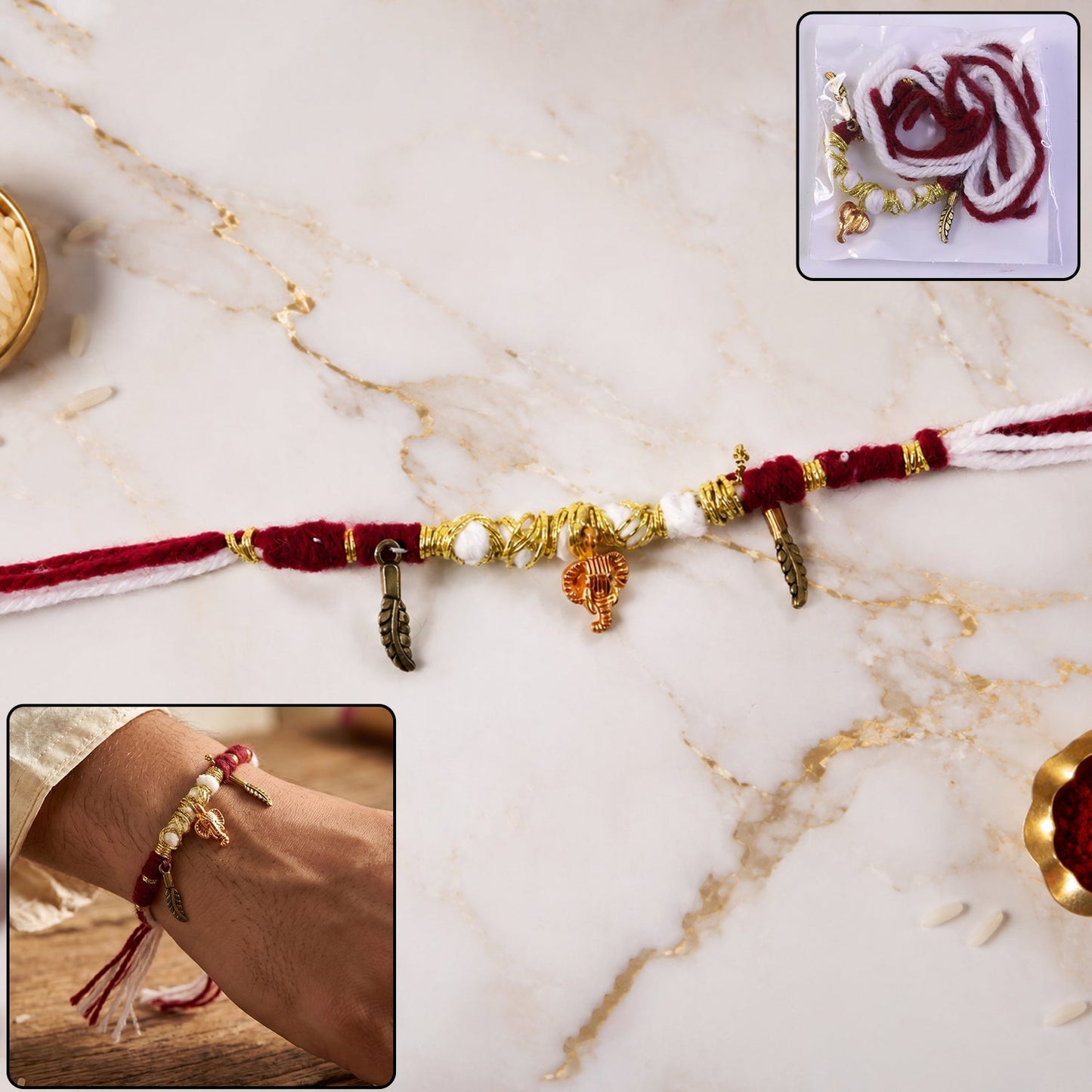 Ganesh Charm Rakhi with Feather Pendants