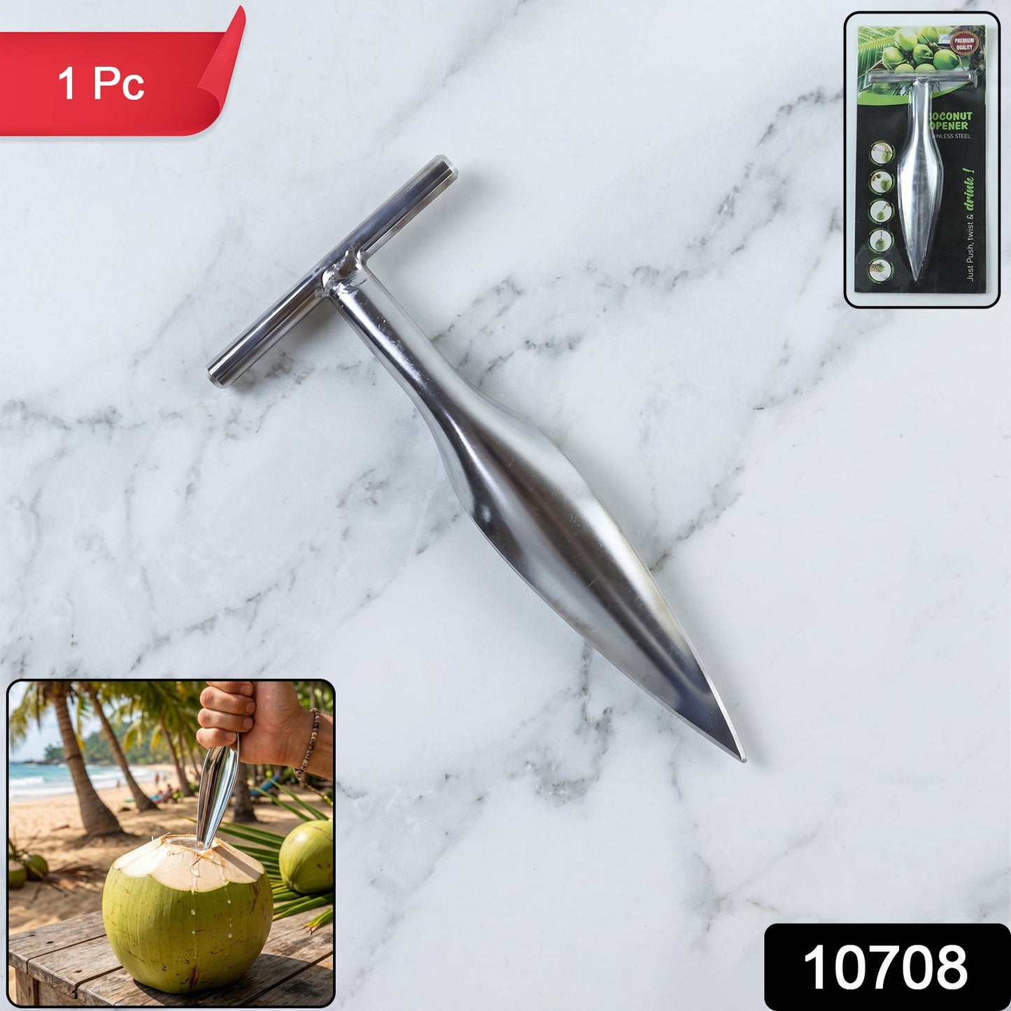Stainless Steel Coconut Breaker Tool with Comfortable T-Handle (1 Pc)