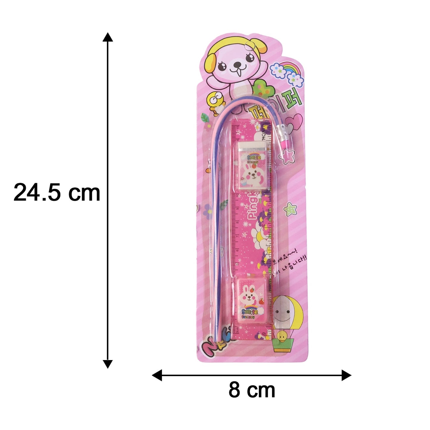 4-In-1 Cute Pink Stationery Set with Ruler, Pencil, Eraser & Sharpener