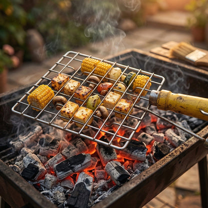 Kitchen Square Stainless Steel Roaster Jali, Barbecue Grill with Wooden Handle