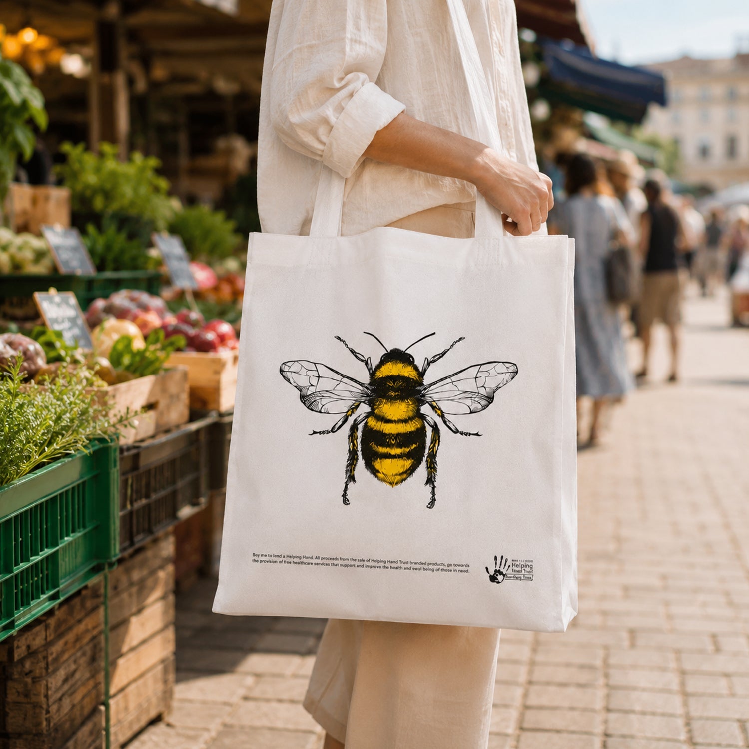 Woman Carrying Bee Tote Bag at Market