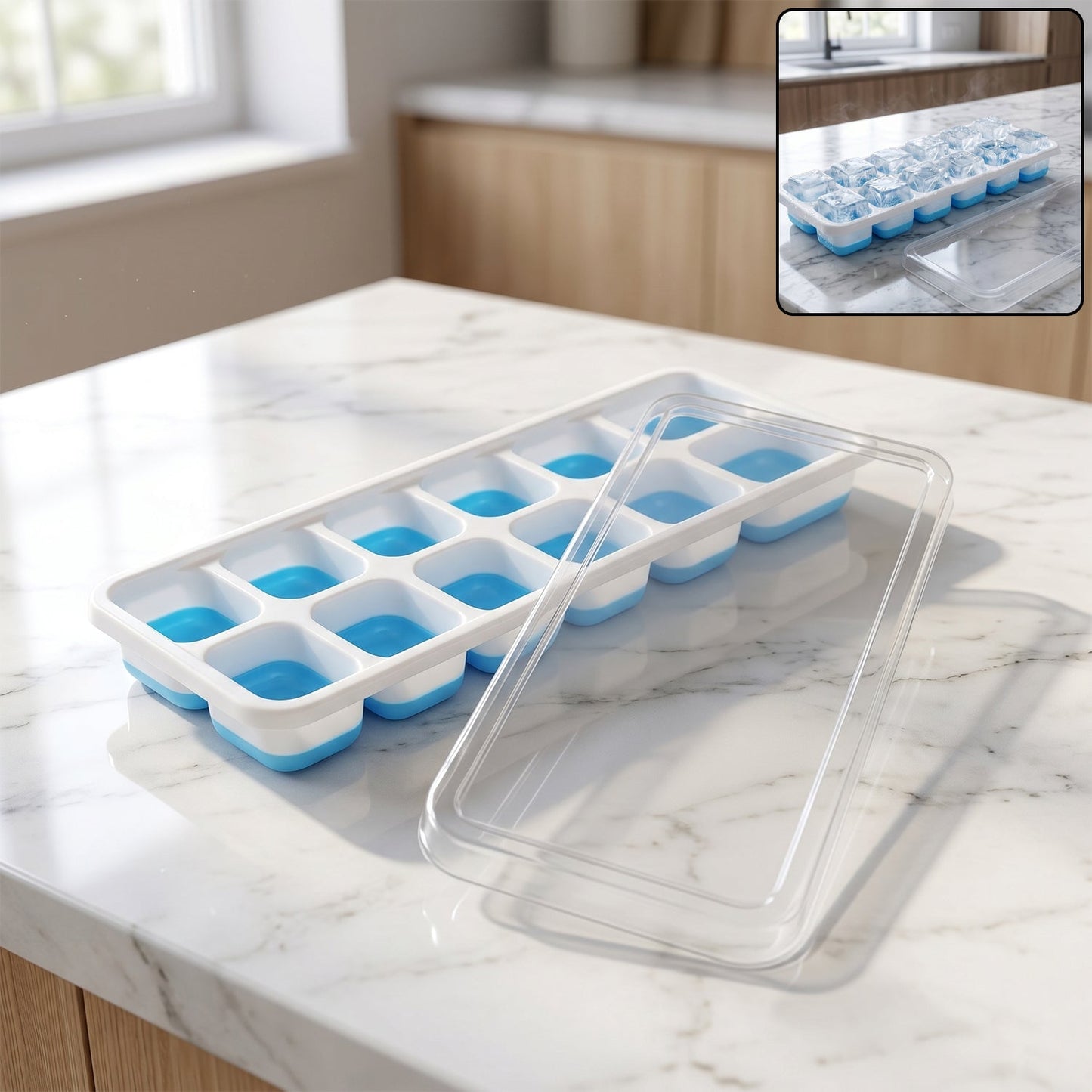 Multipurpose Plastic Ice Cube Tray With Lid (1 Pc, 14 Gride / Blue)