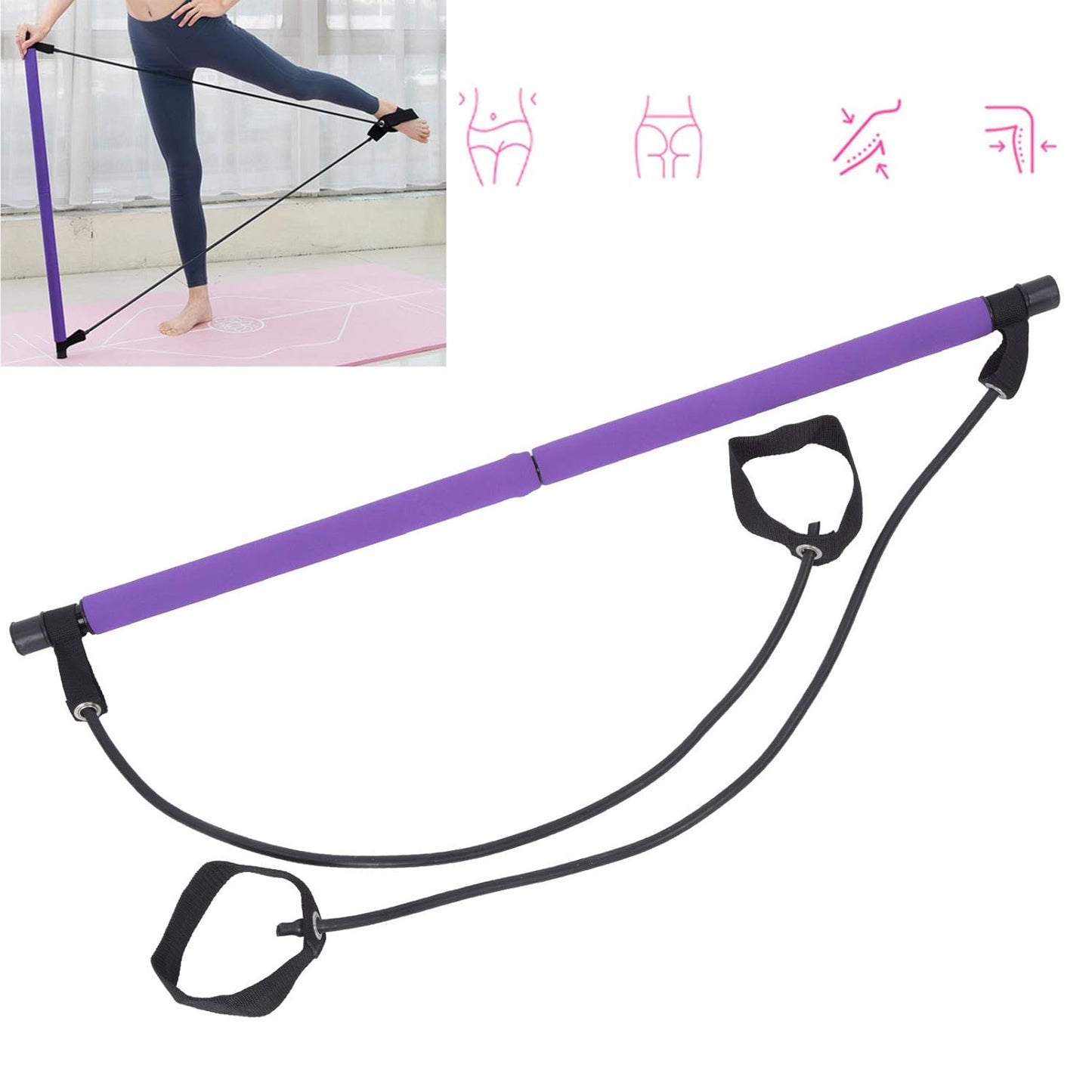 Fitness Exercise Tube Rod Gym Equipment Pilates Bar with Resistance Bands (2 Pc)