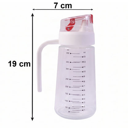 Glass Oil Dispenser Bottle Size Dimensions 19cm Height and 7cm Width with Auto-Flip Cap and Side Handle on White Background