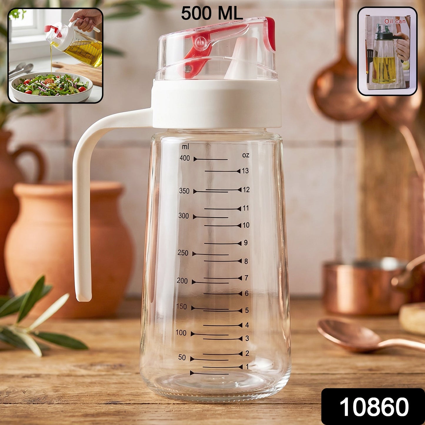 500ml Glass Oil Dispenser Bottle with Auto-Flip Cap, Measurement Markings and Usage Inset Images Showing Oil Pouring on Salad