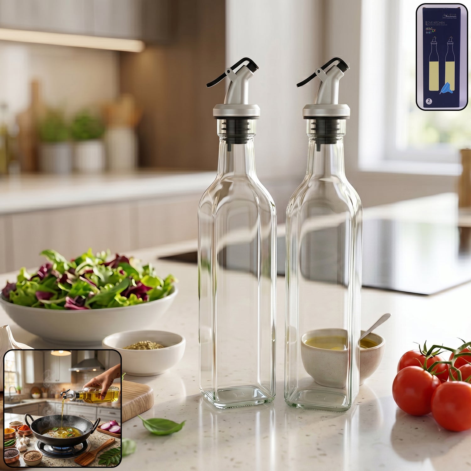 Glass Oil Dispenser Bottle 2 Pc Set Transparent Square Kitchen Main