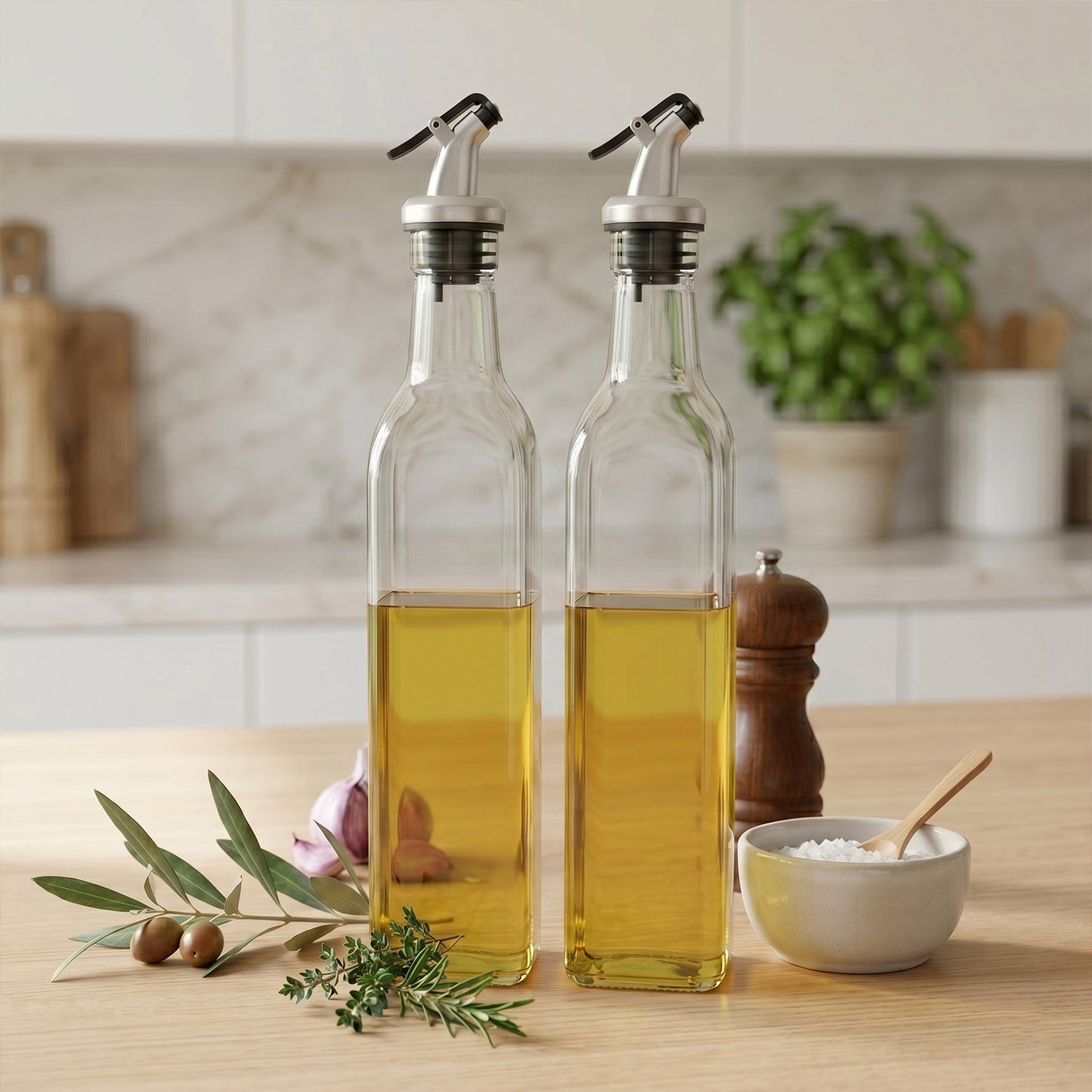 Glass Oil Dispenser Bottle Half Full with Olive Oil Vinegar Lifestyle