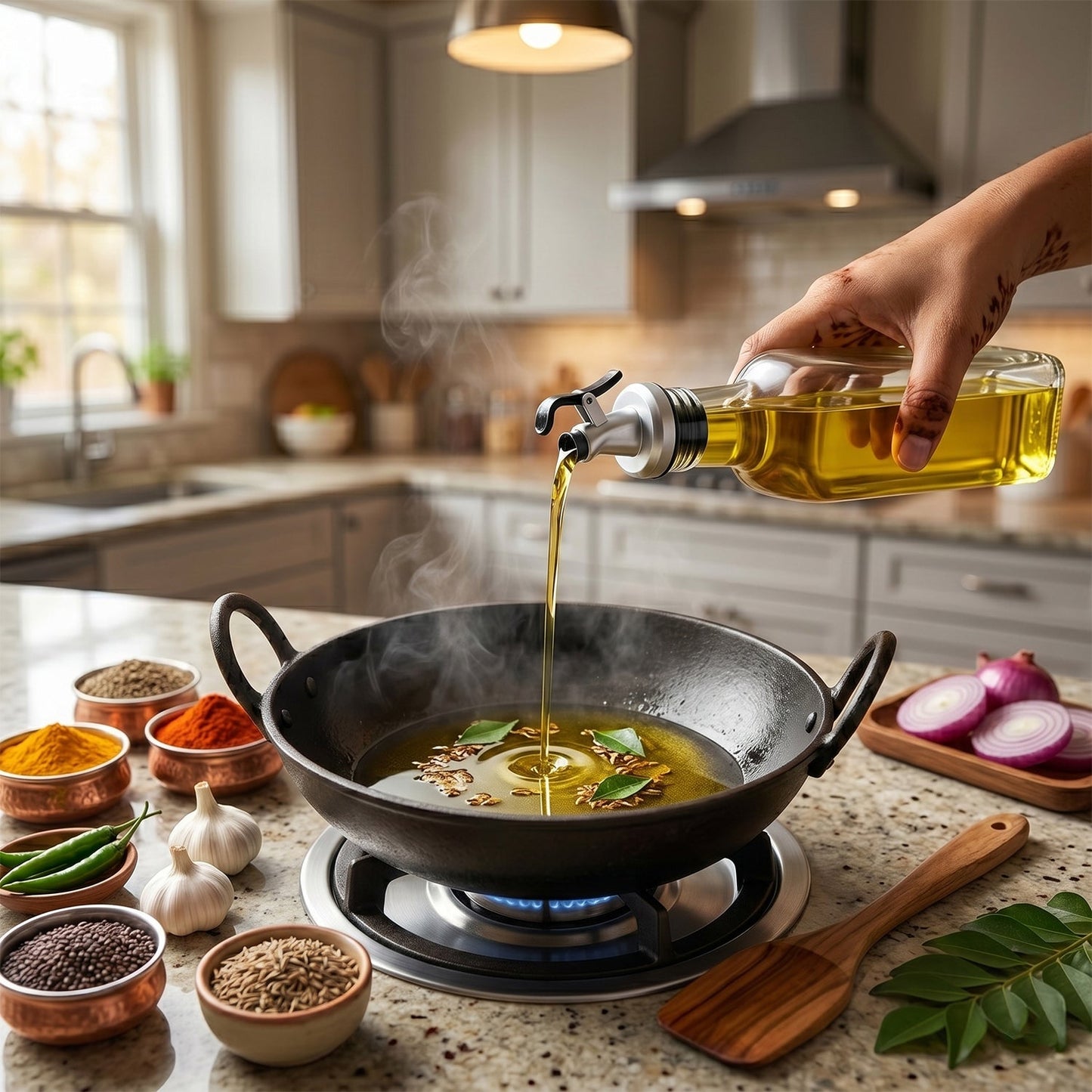 Glass Oil Dispenser Bottle Pouring Oil in Pan Cooking Lifestyle
