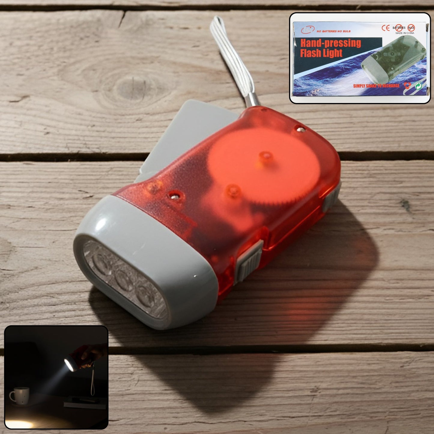 2-LED Hand Press Torch – Battery-Free Hand Crank Flashlight