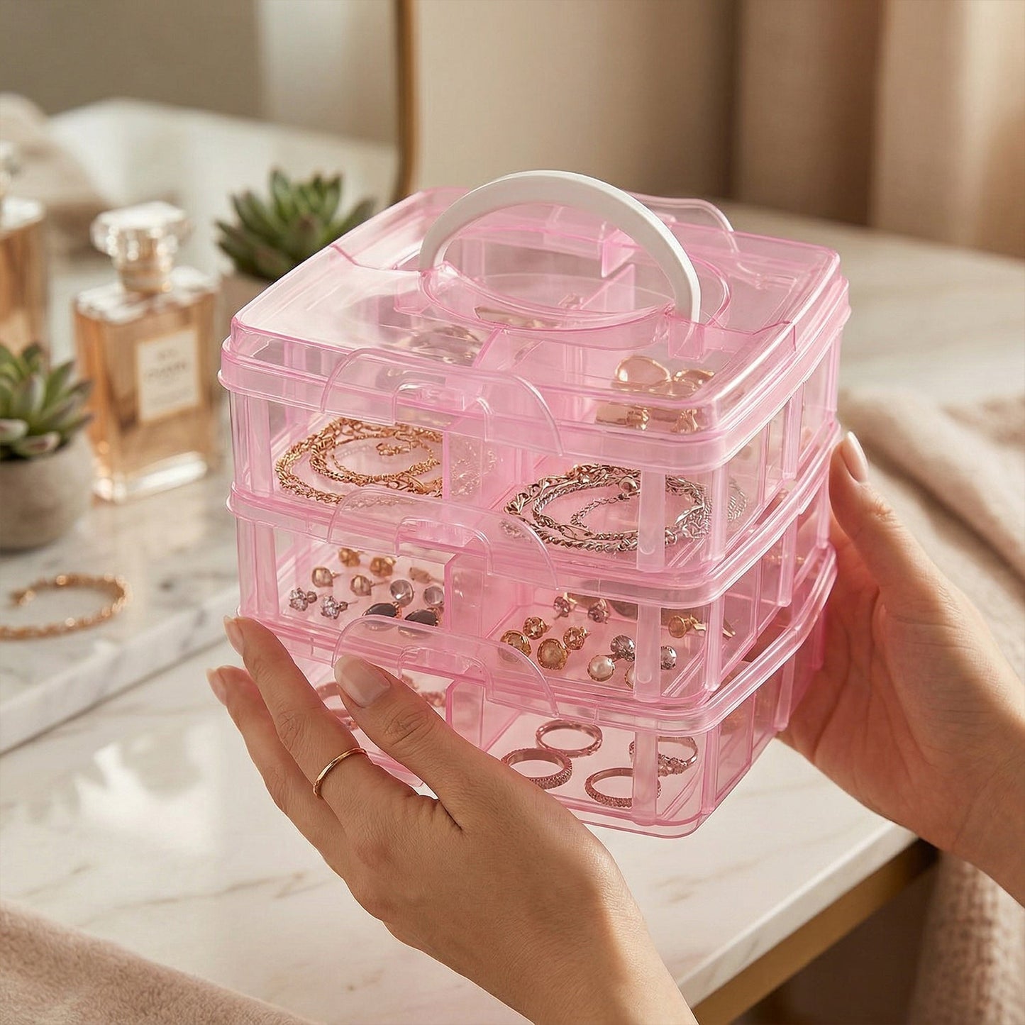 3-Tier Transparent Craft Storage Box with 18 Adjustable Compartments