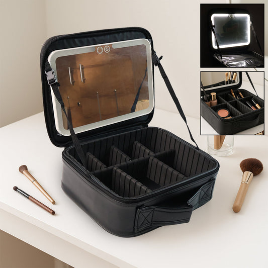 Black LED light makeup organizer box with touch-sensor mirror USB charging India