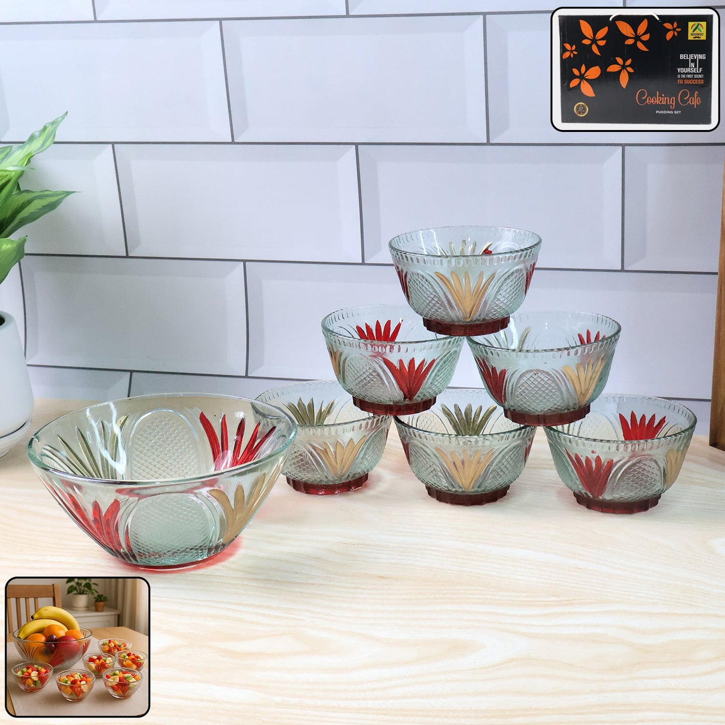Rose glass Multipurpose Pudding / Dessert / Ice Cream Bowl Set for Home use, Home & Kitchen Serving Bowl for Sundae, Sweets, Snacks, Fruit, Pudding, Nuts or Dip, Serving Bowls 6 Medium & 1 Big Bowl (Set of 7 pc)