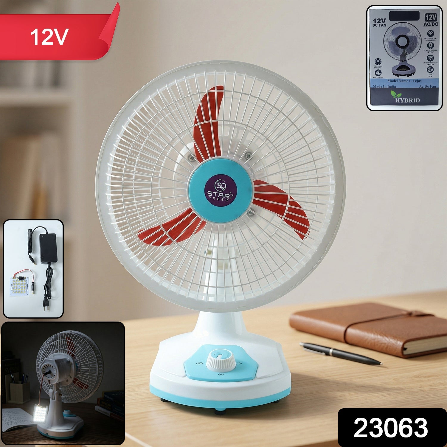 portable rechargeable table fan with light
