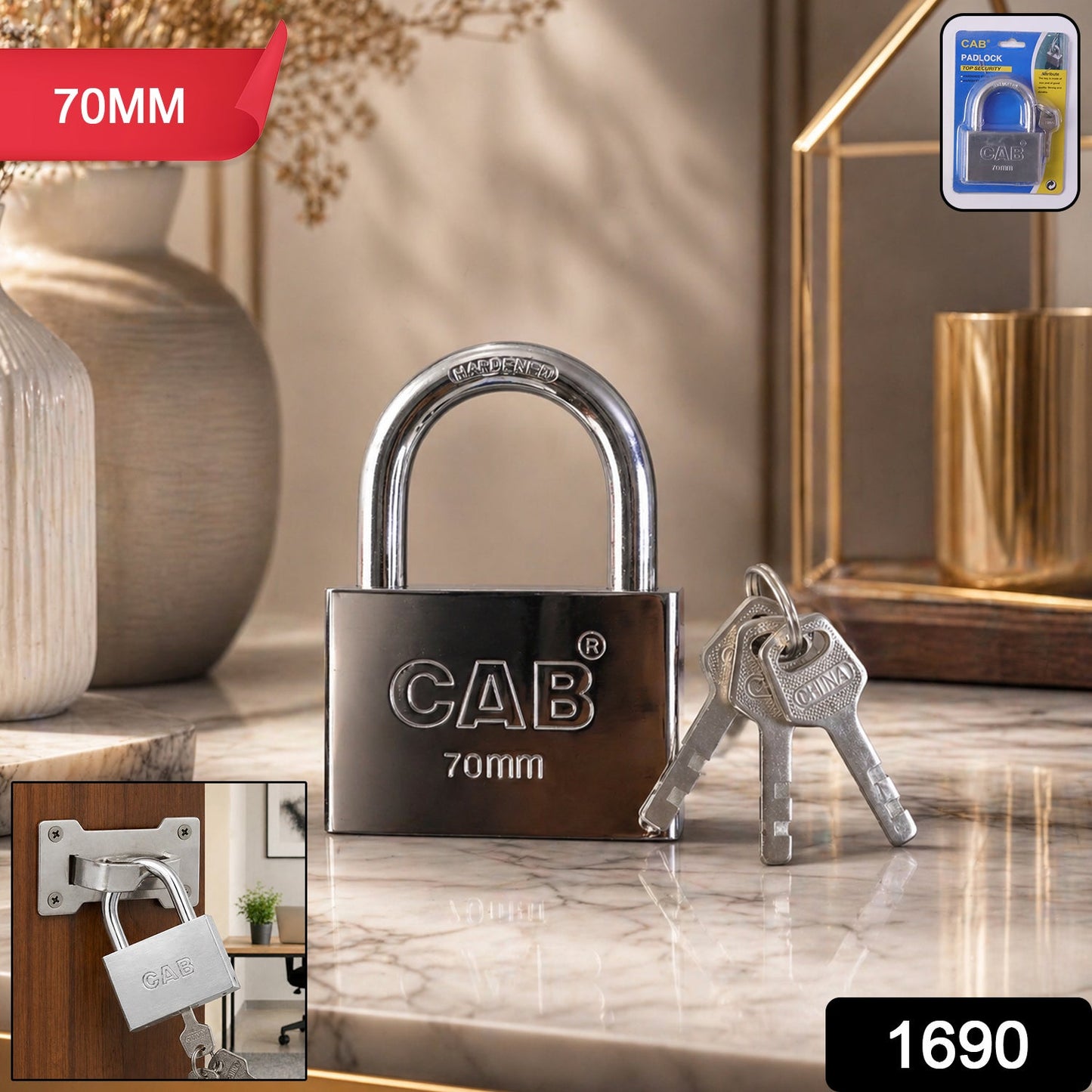 Heavy Steel Premium Square Padlock 70mm with 3 Keys  Hardened Shackle for Doors